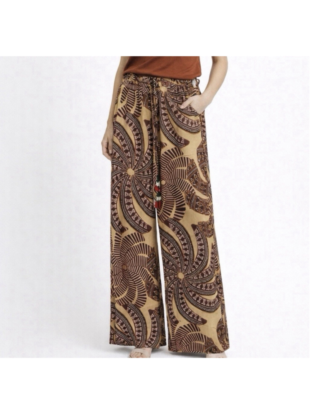 House of Harlow 1960 Brown Tan Geometric Print Wide Leg Pants Small Aztec Beaded